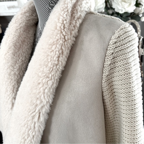 Chelsea & Theodore Oyster Faux Suede Sherpa Open Front Cardigan Sweater M - Picture 6 of 16